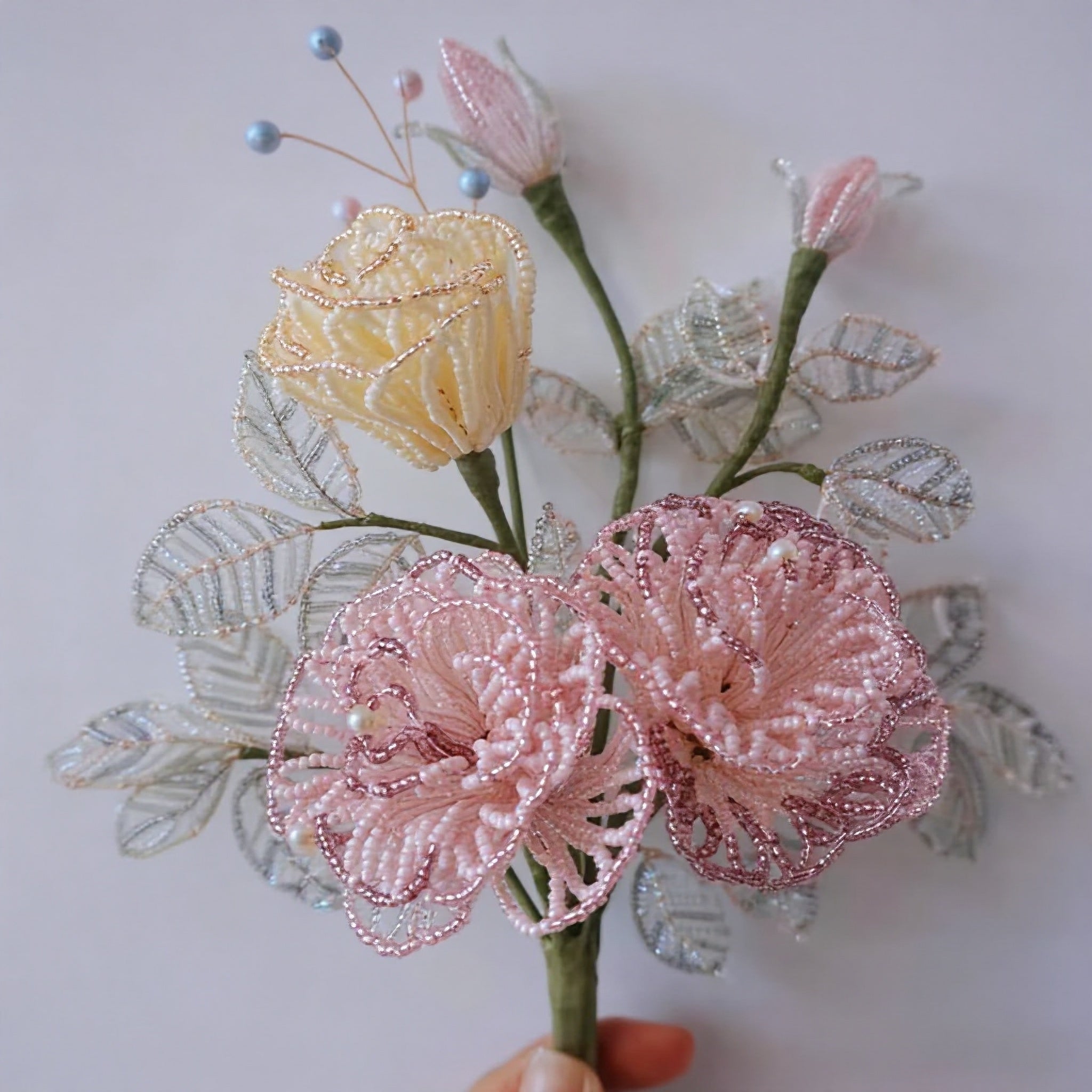 DIY Beaded Flower Kit & Finished Handmade Bouquet - Rose Peony Craft Supplies | Home Decor Gift